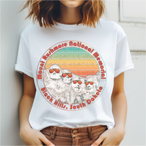 colorful mount rushmore design with sunglasses on a white mockup tshirt